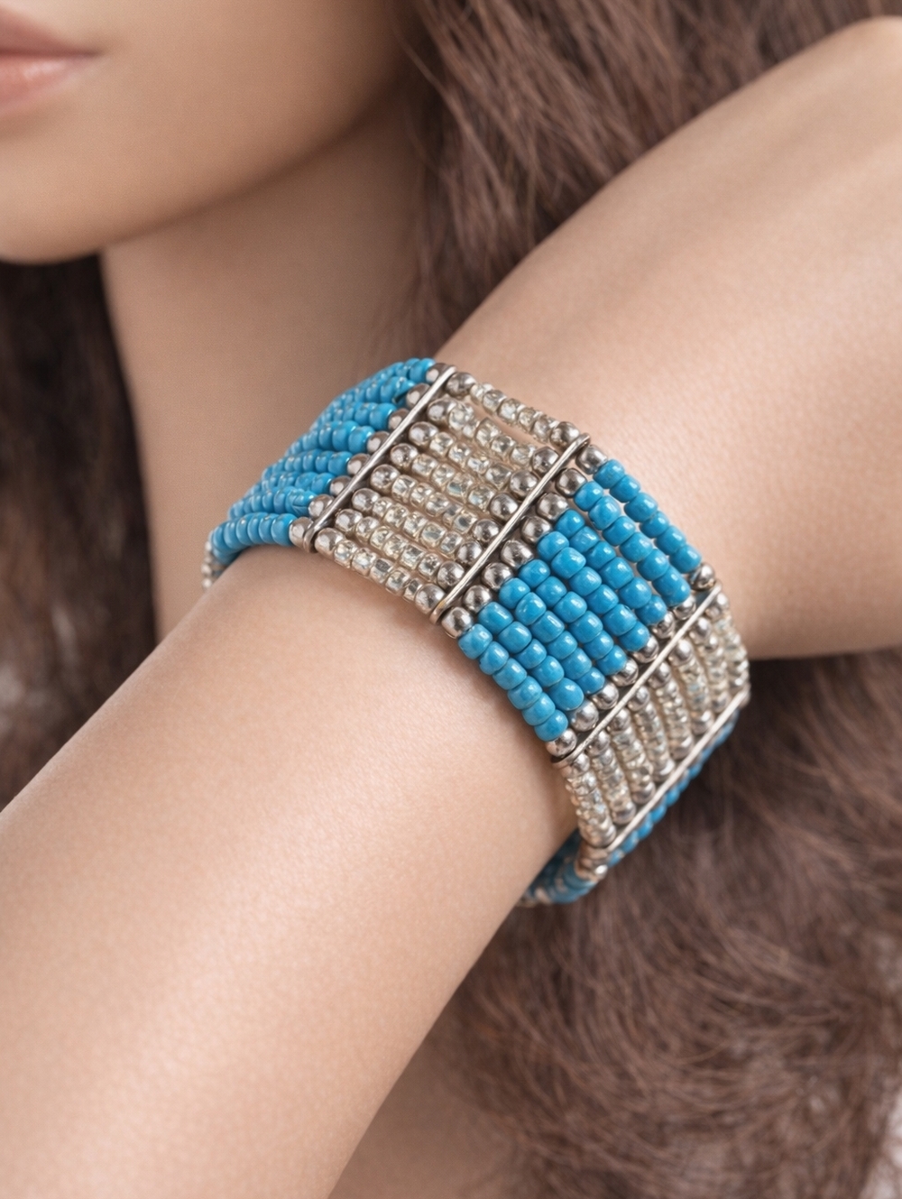 Women's Stylish Greenish Blue & Silver Multi-Strand Stretch Bracelet Jewelry